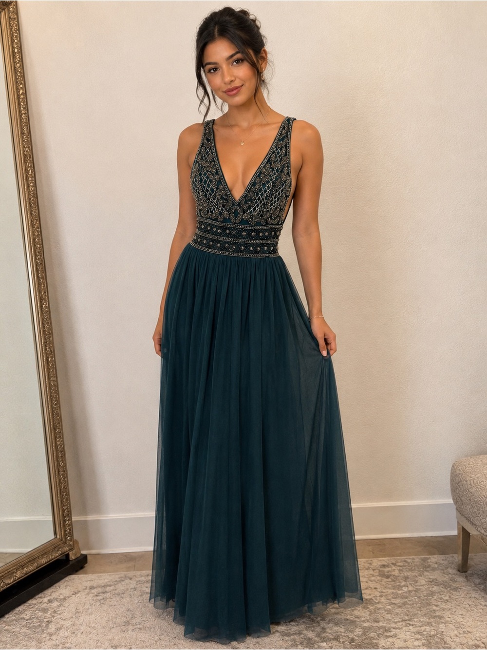Embellished 🔥 Deep Teal V-Neck Tulle Prom Dress